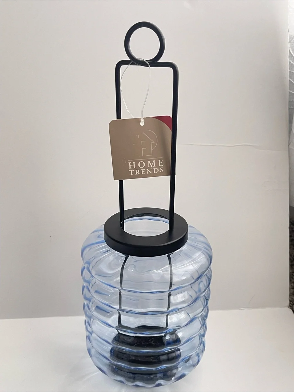 Home Trends Blue Ribbed Glass Lantern with Black Metal Frame